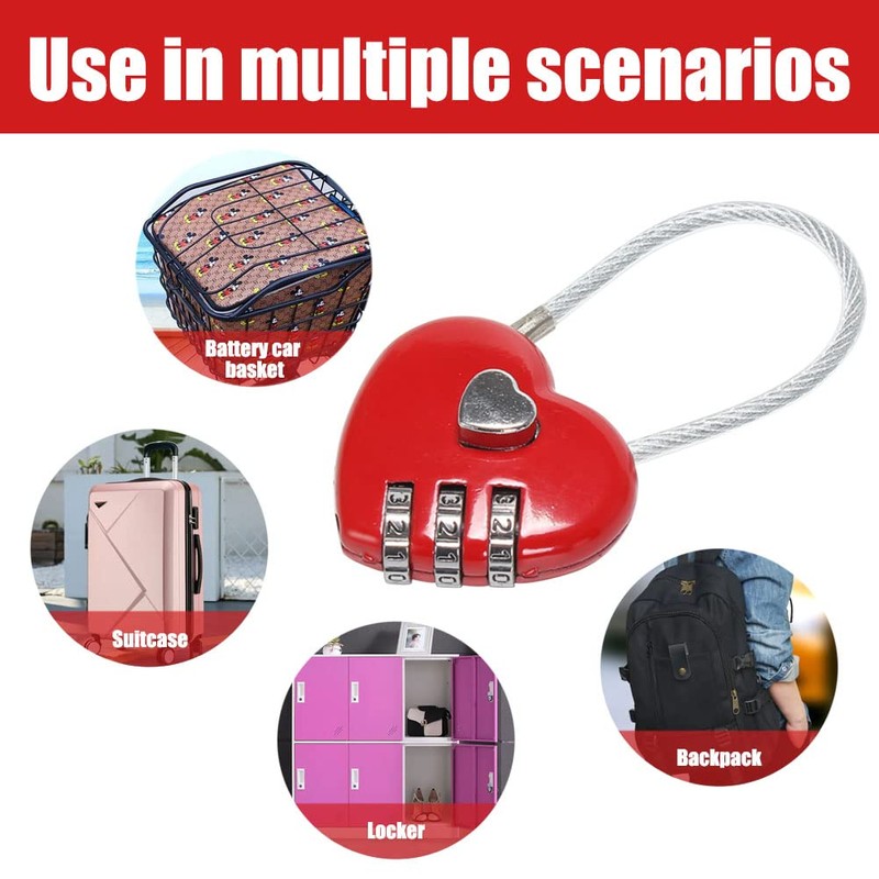 3 Pcs Red Heart Shape Code Lock, Wire Rope 3