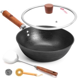 WANGYUANJI 10.2 Inch Cast Iron Wok with Lid, Flat Bottom Small Stir-Fry Pan with Wooden Handle, Uncoated Cast Iron Skillet for Gas, Induction and Electric Stovetops