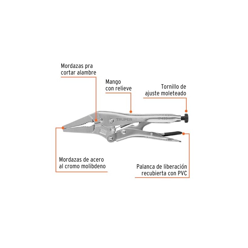 Truper PPT-9PL, Pinza de presión, punta larga, 9"