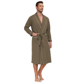 COLORFULLEAF Men's Bathrobe, 100% Cotton, Lightweight Sauna Bathrobe, Dressing Gown with Pocket (M-2XL), olive green