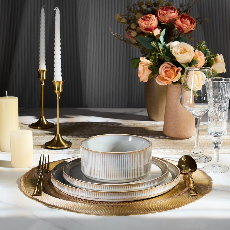E-far Stoneware Dinnerware Sets, 18-Pieces Modern Plates and Bowls Sets,