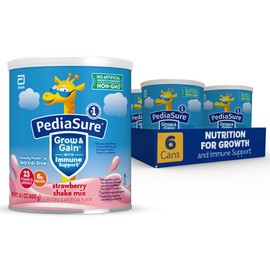 PediaSure Grow & Gain with Immune Support Shake Mix Powder, 23 Vitamins & Minerals, 6g Protein, Non-GMO, Gluten-Free, Strawberry, 14.1 oz Can, Pack of 6-48 servings