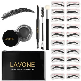 LAVONE Eyebrow Stamp Stencil Kit for Eyebrows, Brow Stamp Trio Kit with Waterproof Eyebrow Pencil, Eyebrow Pomade, 20 Eyebrow Stencils, Dual-ended Eyebrow Brush and Sponge Applicator - Black