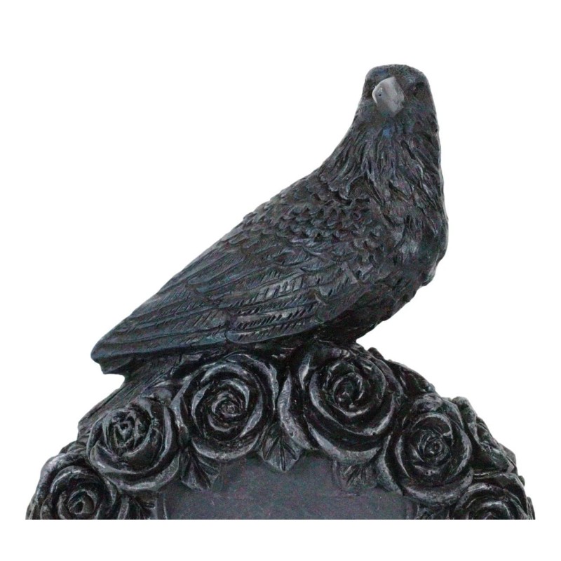 Gothic Raven Crow Perching On Black Roses Graveyard Tomb Headstone