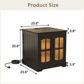 ChooChoo Rustic End Table, 24" Large Sofa Side Table with Charging Station & LED Light, Black Nightstand with Adjustable Storage Shelf, Square Bedside Table for Living Room, Bedroom, Office