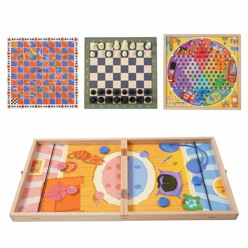SAIHE 5-in-1 Magnetic Wooden Board Game Set, Premium Beech Wood