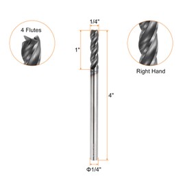 HARFINGTON Carbide Square Nose End Mill Bit 1/4" Cut Dia 4 Flutes TiAlN Coated Milling Cutter for Hardened Steel Metal (1/4" Shank 1" Cut Length 4" Long 30 Degree Helix)
