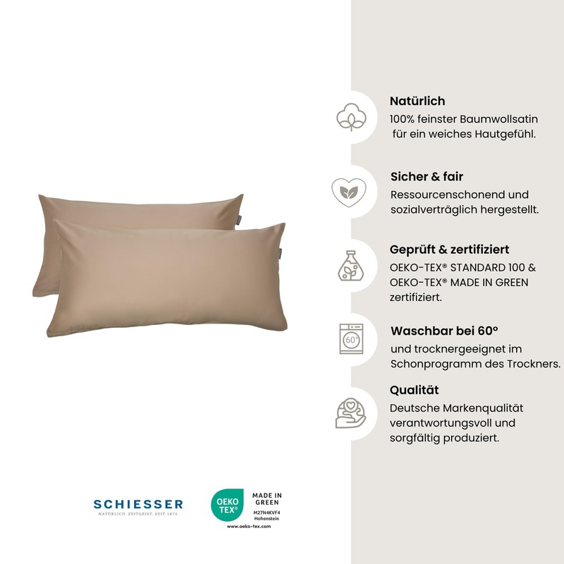 Schiesser Ella Cushion Cover Set, 2-Piece Set, Plain, Satin, 100%