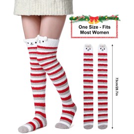 Eurzom 3 Pairs Christmas Thigh High Fuzzy Socks Cute Cartoon Winter Warm over the Knee Stockings Fluffy Snowman Santa Striped Women's Slipper Socks for Women Gift