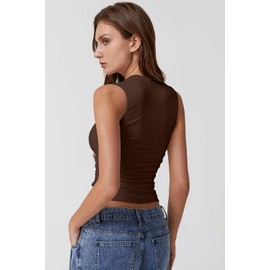 QINSEN Women's Square Neck Tank Tops Double-Layered Sleeveless Ruched Going Out Crop T Shirts Chestnut S