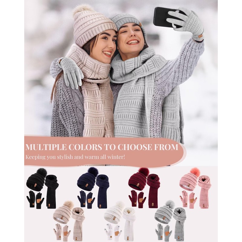 Womens Winter Beanie Hat Scarf Gloves Set, Cute Pom Pom