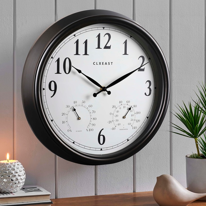 CLXEAST 16" Outdoor Clocks Waterproof with Thermometer & Hygrometer,Black