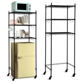 Tioncy 3 Tier Mini Fridge Shelf Microwave Stand Adjustable Fridge Storage Rack with Lockable Wheels and 8 Hook Multilayer Metal Shelving Organizer for Dorm Apartment Kitchen Office Bathroom(Black)