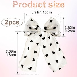STSTR 2Pcs Large Hair Bow Clips, Silk Yarn Ribbon Bow Hair Barrette for Women, Elegant Long Tail Bowknot French Hair Accessories for Wedding, Parties, Festivals (White Bow Black Heart)