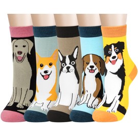 Chalier Cozy 5 Pairs Womens Cotton Animal Socks Ladies Cute Dog Funny Cat Socks Gifts for Women,One Size(Grey Corgi)