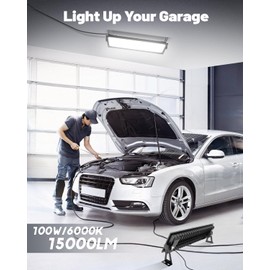 4 Pack Linkable LED Shop Lights, 100W 15000LM Aluminum Plug in Garage Light w/ 9.84ft Power Cord and Switch, 6000K Daylight, for Garage, Workshop, Warehouse (Built-in Outlet)