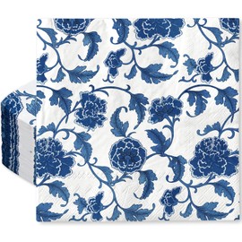 Whaline 100 Pack Blue Floral Paper Napkins Disposable Spring Blue White Peony Flower Decorative Hand Towels for Wedding Holiday Birthday Party Bridal Baby Shower Tableware Party Supplies, 6.5 Inch