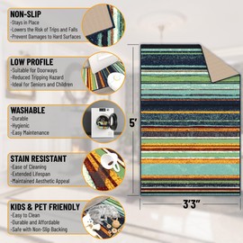 Ottomanson Ottohome Collection Non-Slip Rubberback Vintage Striped Design 3x5 Indoor Area Rug, 3'3" X 5', Multicolor Stripes