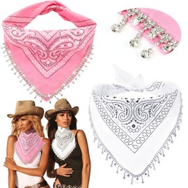 Vabean 2 Pcs Disco Rhinestone Fringed Bandana Paisley Bandanas Cowgirl Bachelorette Rhinestones Tassel Kerchief (Pink and White)