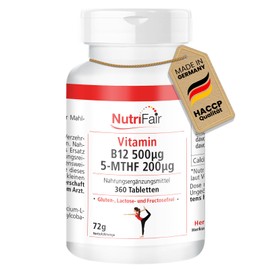 Vitamin B12 500μg 5-MTHF 200μg - 360 Tabletten - aktive Folsäure - Hochdosiert - 100% Vegan – Deutsche Produktion & Laborprüfung - NutriFair | Premium & Fair