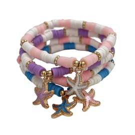 Boho Surfer Heishi Bracelets Set Hawaiian Plumeria Rubra Flower Charms Pearl Bracelets Sea Turtle Starfish Shell Colorful Clay Beaded Stretch Bracelet for Women Summer Beach Jewelry Gifts﻿-Style 4