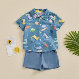 ESSECMBS Toddler Baby Boys Summer Cute Dinosaur Clothing Set 2 Pieces Short Sleeve Lapel Collar Button-Down Shirts Blouse Plain Shorts Boys Gentleman Clothing, Blue 2
