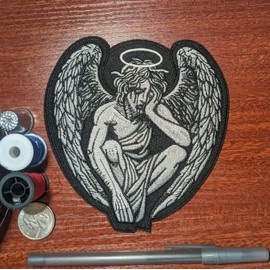 Generic Crying Guardian Angel Patch Gothic Goth Punk Biker Emo Religious Embroidered Iron On 5x4.75"", Medium, Black, Gray
