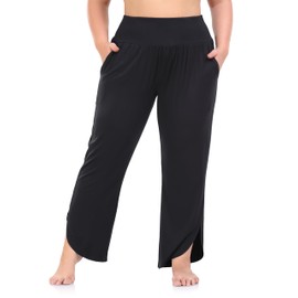 ZERDOCEAN Women's Plus Size Wide Leg Pants High Waist Yoga Pants Casual Loose Lounge Pants with Pockets Black 2X