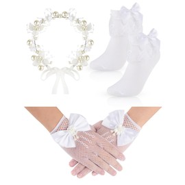 Flower Girl Headband White Gloves Frilly Socks Kids Ballet Sock Princess Lace Gloves Communion Socks Princess Crystal Girl Hair Accessories for Children (UK, Age, 6 Years, 8 Years, Regular, White)