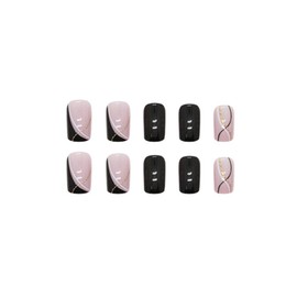 SINHOT Medium Square Press on Nails Squoval Black Fake Nails Glossy Glue on Nails Acrylic Nails Gold Line False Nails with Designs 24 pcs