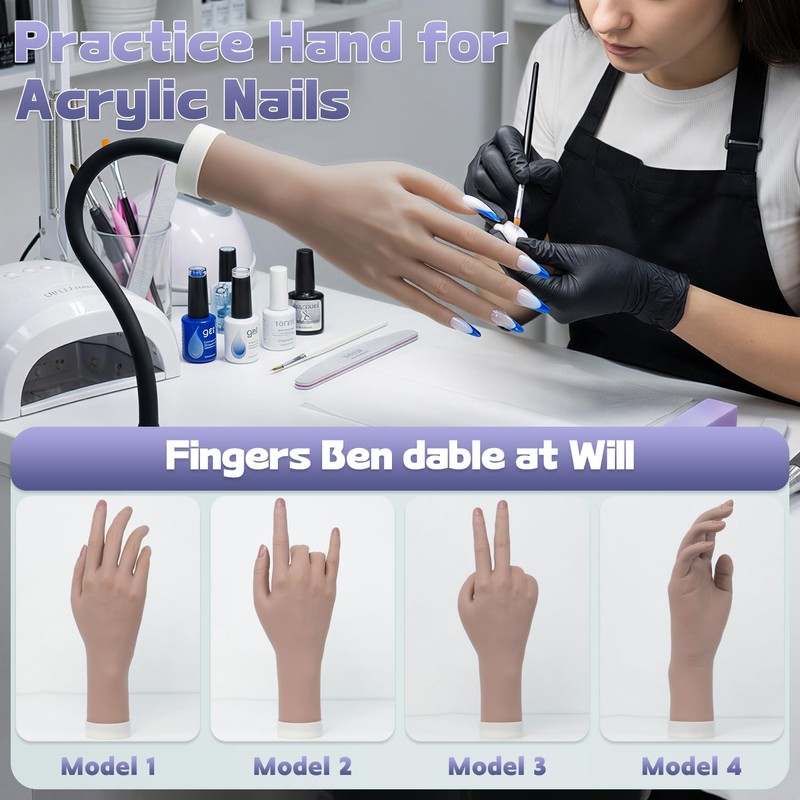 Practice Hand for Acrylic Nails, Flexible Bendable Fake Hand with
