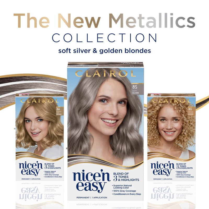 Clairol Nice'n Easy Permanent Hair Dye, 8S Soft Silver Hair
