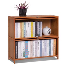 MoNiBloom Bamboo 2 Tier Bookcase with Flip Doors Free Standing Book Shelf Storage Organizer Save Space for Living Room Office Bathroom, Brown
