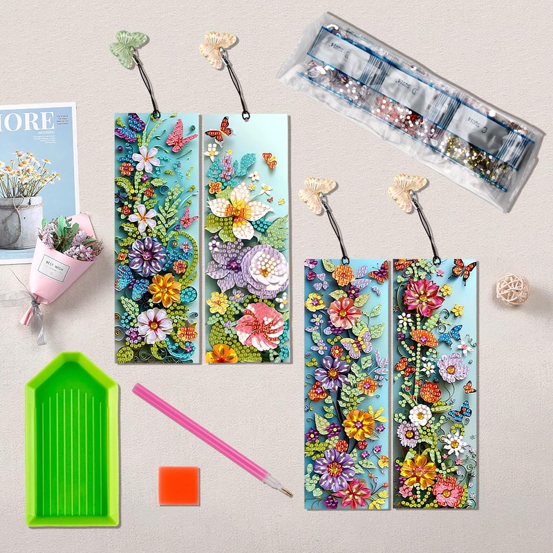 4 Pcs 5D Flowers and Butterfly Diamond Art Bookmarks