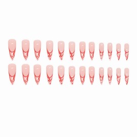 MISUD Press on Nails Long Stiletto Fake Nails Glossy Glue on Nails Almond Acrylic Nails Red Swirl Arificial Nails French Tip Stick on False Nails with Design 24 pcs