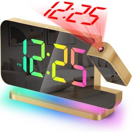 Projection Alarm Clock for Bedroom,7.4" LED Mirror Digital Clock Large Display,with RGB Night Light,180° Rotatable Projector,USB C Port,Auto Dimmer, Loud Desk Clock for Heavy Sleeper - Gold