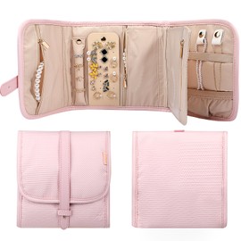 Voova Travel Jewelry Holder Organizer Case, Small Jewelry Storage Bag for Women Girls, Foldable Traveling Jewellery Pouch Roll for Necklaces Rings Earrings Bracelets, Mini, Light Pink