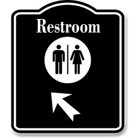 Restroom Men Women 45 Degree up Left Arrow BLACK Aluminum Composite Sign, 8.5"x10"
