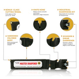 Master Knife Sharpener Premium 4-Stage Knife Sharpener for Kitchen Knives, Pocket Knives, Scissors, Tools, Serrated Blades, EDC Outdoor Gadgets & More - Built-in Glass Cutter, Made in USA, Black