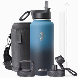 Botella de agua de 32 onzas aislada con pajita, Coolflask de acero inoxidable con 3 tapas, frasco de agua de boca ancha para deportes u oficina, sin BPA, mantiene frío hasta 48 horas o caliente hasta
