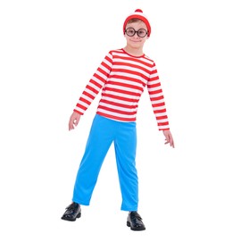 CosExpress Wheres Wally Costume Kids World Book Day Costumes for Boys, Wheres Wally Fancy Dress Kids with Red and White Striped T shirt,Wheres Wally Hat and Glasses, Book Character Costumes for Boys