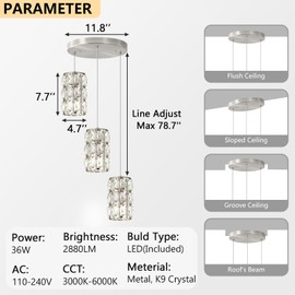 3-Lights Modern Crystal Pendant Lights for Kitchen Island LED Dimmable Glam Pendant Lighting Chandelier for Dining Room Hallway Corner Lamp Nickel