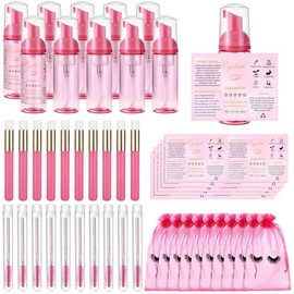 Juego de 50 cepillos para botellas de champú para pestañas, 10 dispensadores de espuma vacía, 10 adhesivos para etiquetas, 10 tubos de varitas de rímel, 10 cepillos de limpieza, 10 bolsas