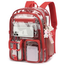 Kouxunt Clear Backpack Heavy Duty Transparent Backpacks Stadium Approved for School Work Sport Travel (Red)