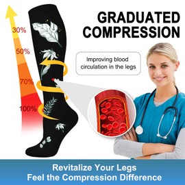 DHSO 6 Pairs Graduated Compression Socks for Women and Men 15-20 mmHg, Compression Stockings for Swelling, Running, Hiking, Travel, Nursing(6 Pack Black/Gray/Flowers, Large-X-Large)