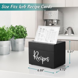 DRASTAR Recipe Box, Wooden Recipe Organizer,Black Recipe Holder Box with 50 Recipe Cards 4"x6" & 6 Dividers, Recipe Book to Write in Your Own Recipes