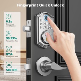 AkaGear DS10 Keyless Entry Door Lock with Handle - 2 Lever Handles, Fingerprint Door Lock, Keypad Deadbolt, 2 Keys, Code, Smart Locks for Front Door, Auto-Lock, Easy Installation - Satin Nickel