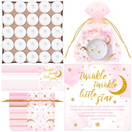 50 Sets Twinkle Twinkle Baby Shower Candle Favors 50 Pcs Tealight Candles for Guests with 50 Moon Star Organza Bags and 50 Little Star Thank You Tags for Gender Reveal(Pink)