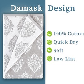 Cotton Towels for Bathroom - Soft | Quick Dry | Light Weight | Absorb, 4 Hand 16" x 27", 2 Bath 28" x 52", Towel Set of 6, Grey Decorative Bathroom Towels, Damask Patterns, Gray and White Towels