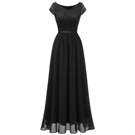 DTESSTELLS Womens Long Beach Bridesmaid Wedding Guest Dresses Formal Black Dresses for Women Funeral 2023 V-Neck Evening Party with Cap Sleeves Black XL